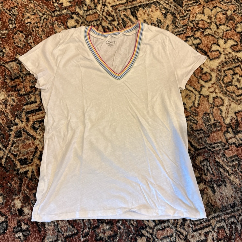 LOFT White V-Neck Tee with Rainbow Stripe Trim